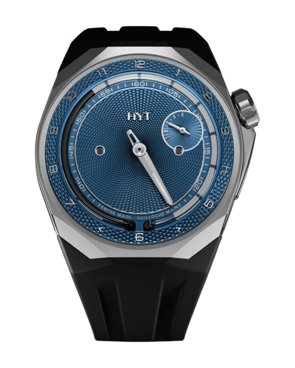 Часы HYT T1 Titanium Guilloché H03421-A с синим гильошированным циферблатом, вид спереди